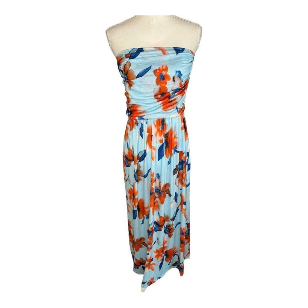 Grace Karin Light Blue Strapless Floral Maxi Dress with Orange & Blue Flowers